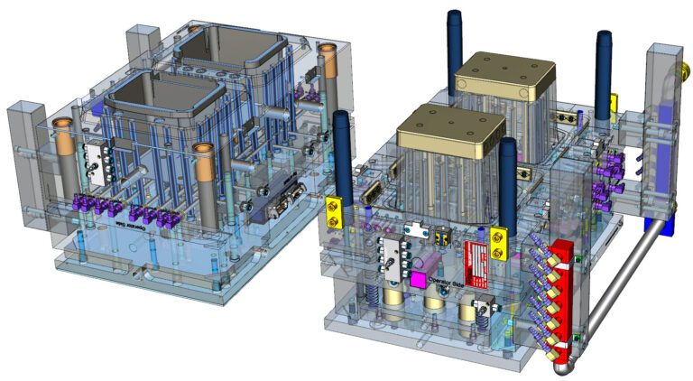 3D technical illustration of two transparent machine components with plumbing and mechanical parts, showcasing internal structures and connections.