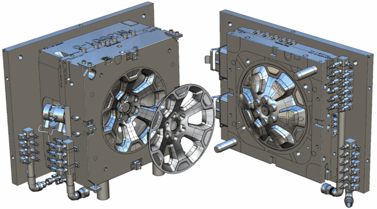 69726052e04c3_Compression4 1 3D rendering of a mold tool with two halves showing intricate details and components for manufacturing processes.