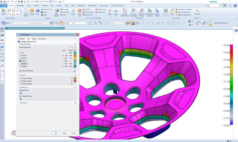 697286f668aa1_Cone2 1 3D rendering of a purple car wheel with highlighted features, displayed in a CAD software interface.
