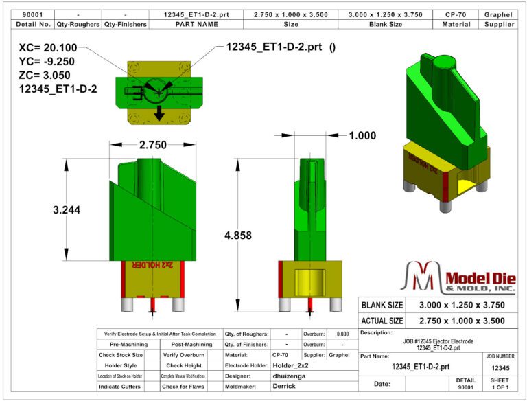 696f93807acdd_DIAMOND-30.5 (1) 1 Technical drawing of an ejector electrode part named 12345_ET1-D-2, showing dimensions and details for machining. Features a top view, side view, and front view of the part, along with specifications for size, material, and design information.
