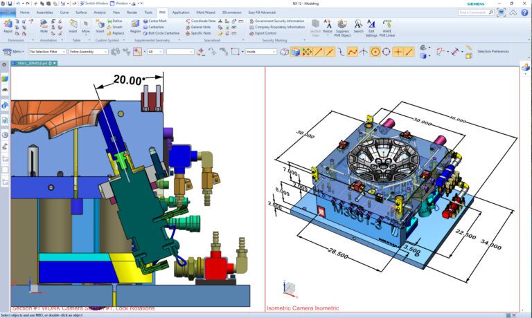 697288d62d1e5_root5 1 Computer-aided design (CAD) image showing a mechanical assembly with detailed components on the left and an isometric view on the right, featuring valves, pipes, and dimensions.